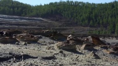 Arkasında yeşil orman ve mavi gökyüzü olan bir taş ocağının endüstriyel manzarası. Stok görüntüleri. Kayalık taş ocağına yakın, demir cevheri açık madenciliği.
