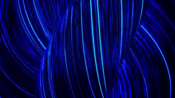 Linee strette astratte al neon sotto forma di tubi ritorti che si muovono e ruotano su sfondo nero, anello senza cuciture. Animazione. Luminose figure 3D blu di strisce luminose di luce . — Video Stock