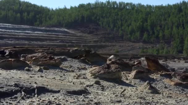 Paisagem industrial de uma pedreira com floresta verde e céu azul no fundo. Imagens de stock. Fechar para a pedreira rochosa, mineração a céu aberto de minério de ferro . — Vídeo de Stock