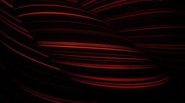 Soyut kırmızı neon çizgili tüpler siyah arkaplanda yavaşça hareket ediyor. Animasyon. 3D figürler kırmızı dar yanıp sönen çizgiler, pürüzsüz döngü ile kaplıdır.