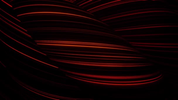 Abstrato tubos listrados de néon vermelho movendo-se lentamente sobre fundo preto. Animação. Figuras 3D cobertas por linhas vermelhas estreitas piscando, loop sem costura . — Vídeo de Stock