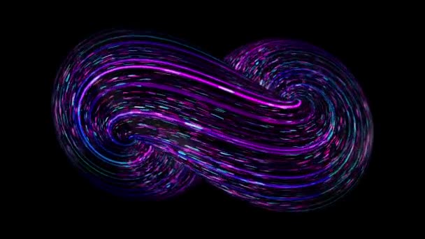 Infinity-Symbol, 3D-Bewegung bunte Figur auf schwarzem Hintergrund, nahtlose Schleife. Animation. schönes Ewigkeitszeichen mit vielen schmalen Leuchtlinien in blauen und rosa Farben. — Stockvideo