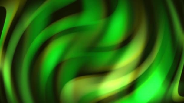 Siyah zemin üzerinde yeşil ve sarı renkli akışkan holografik sıvı dalgalar, kusursuz döngü. Animasyon. Neon renkli geniş çizgilerin soyut hareketi. — Stok video