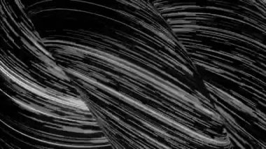 Siyah arkaplan üzerinde hareket eden ve dönen bükülmüş tüpler şeklinde soyut neon dar çizgiler, pürüzsüz döngü. Animasyon. Parlak beyaz üç boyutlu ışık çizgileri, tek renkli figürler..