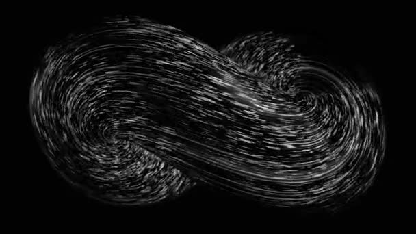 Abstracto impresionante símbolo infinito en blanco y negro con superficie móvil, lazo sin costuras. Animación. Brillante signo de eternidad de neón 3D con muchas líneas blancas estrechas, monocromo . — Vídeos de Stock