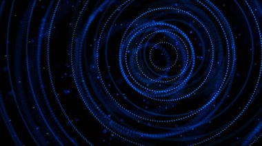 Mavi dairelerden oluşan bir tünel oluşturan soyut parlayan nokta. Animasyon. Siyah arka plan üzerinde tek tek hareket eden küçük parçacıkların 3d daireleri, kesintisiz döngü.
