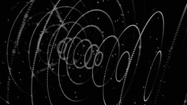 3d etkisi ile yavaş çekimde soyut sinyal veya radar dalgaları, kesintisiz döngü. Animasyon. Siyah arka plan üzerinde akan küçük parçacıklar tarafından oluşturulan farklı çaptaki halkalar, tek renkli.