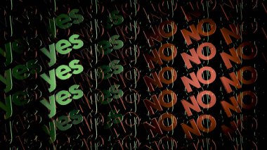 Siyah arka planda pek çok anlaşma ve anlaşmazlık sözcüğü, kusursuz döngü, şüphe kavramı. Animasyon. Yeşil renkli evet ve kırmızı hayır arasındaki seçim..