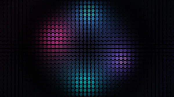 Abstract panel with many rows of LED bulbs performing colorful dance from the center of the screen to its edges. Animation. Neon spotlight, illuminating small circles, seamless loop.