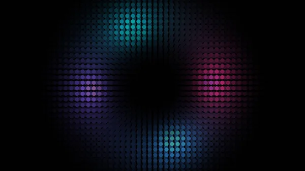 화면 중앙에서 가장자리까지 다채로운 춤을 추는 LED 전구의 많은 행이있는 추상 패널. 애니메이션. 네온 스포트라이트, 작은 원을 조명, 원활한 루프. — 스톡 사진