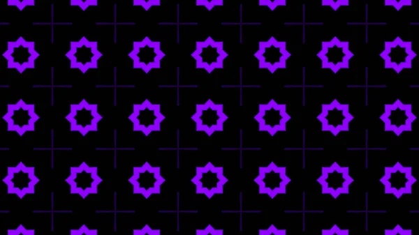 Hileras horizontales de diferentes figuras geométricas parpadeantes de color lila sobre fondo negro. Animación. Transformando estrellas de neón, círculos, rombos, patrón caleidoscópico . — Foto de Stock
