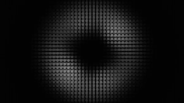 Abstract panel with many rows of LED bulbs performing white dance from the center of the screen to its edges. Animation. Neon monochrome spotlight, illuminating small circles, seamless loop.