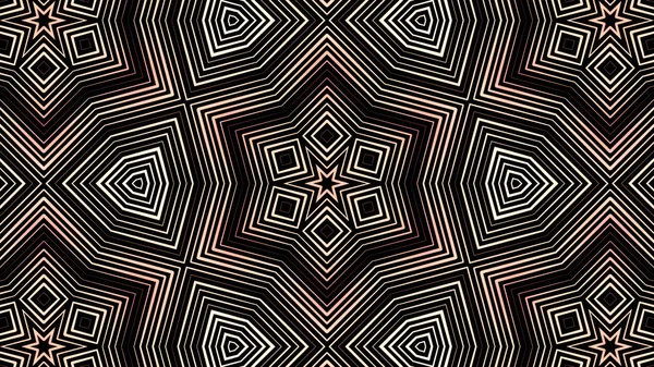 Déplacement géométrique motif kaléidoscope sur fond noir, boucle transparente. Animation. Mouvement abstrait de différentes figures rouges et beiges transformantes . — Photo