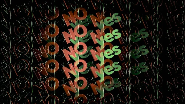 Many words of agreement and disagreement flowing on black background, seamless loop, doubts concept. Animation. The choice between green colored yes and red no. — Stock Photo, Image