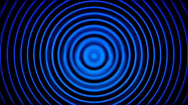 Blue radio wave, radar or sonar, hypnotic effect, seamless loop. Animation. Rotating bright neon rings on black background. — Stok fotoğraf