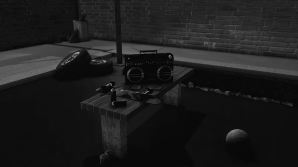 Абстактная скамейка со старомодным магнитофоном, скейтбордом и красками, лежащими на ней. Анимация. Подростковые объекты в городском дворе, мяч, автомобильные шины возле бетонной стены, монохромный . — стоковое фото