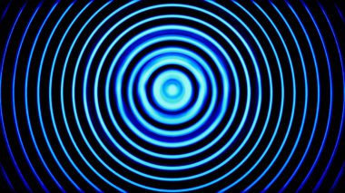 Siyah zemin üzerinde parlayan halkalar, pürüzsüz döngü. Animasyon. Mavi renkli ve farklı boyutlarda birçok daire titreşiyor ve dönüyor..