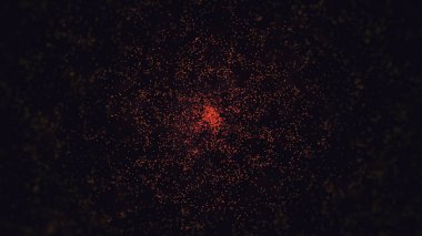 Bokeh patten, siyah arka planda yüzen kırmızı küçük parıltılar. Animasyon. Soyut parçacıklar, küçük noktalar bir halka oluşturuyor, kenarlardan merkeze hareket ediyor..