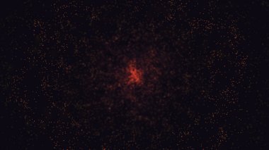 Bokeh patten, siyah arka planda yüzen kırmızı küçük parıltılar. Animasyon. Soyut parçacıklar, küçük noktalar bir halka oluşturuyor, kenarlardan merkeze hareket ediyor..