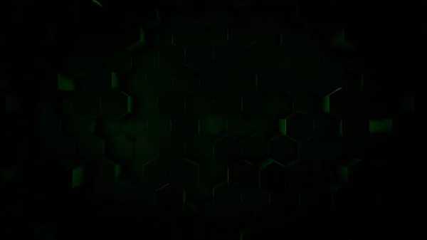 Superficie astratta futuristica con le file di figure esagonali verde scuro in movimento, motivo geometrico, anello senza cuciture. Animazione. Forme insolite che sembrano a nido d'ape . — Foto Stock