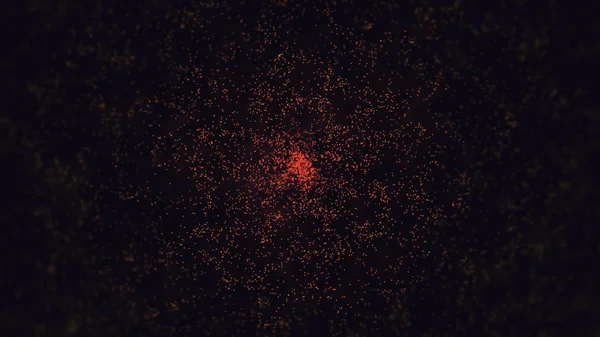 Bokeh patten, siyah arka planda yüzen kırmızı küçük parıltılar. Animasyon. Soyut parçacıklar, küçük noktalar bir halka oluşturuyor, kenarlardan merkeze hareket ediyor..