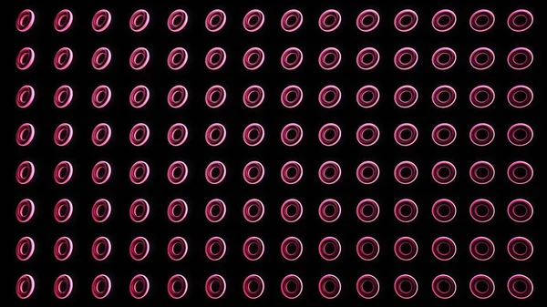 Abstract pattern with rotating circles on black background. Animation. Glowing spinning rings of red and pink color in horizontal symmetrical rows, seamless loop. — Stock Photo, Image