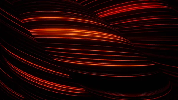 Tubos de rayas de neón rojo abstractos moviéndose lentamente sobre fondo negro. Animación. Figuras 3D cubiertas por líneas intermitentes rojas estrechas, bucle sin costuras . — Foto de Stock