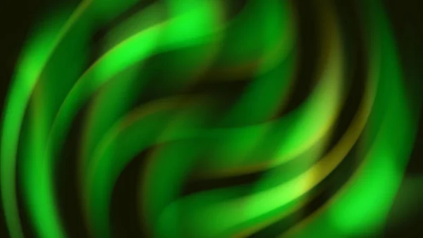 검은 배경에 녹색 과 노랑 색으로 된 홀로그램 액체 흐름, 매끈하지 않은 루프. 애니메이션. 네온 형형색색의 휘어진 넓은 선들의 추상적 인 움직임. — 스톡 사진