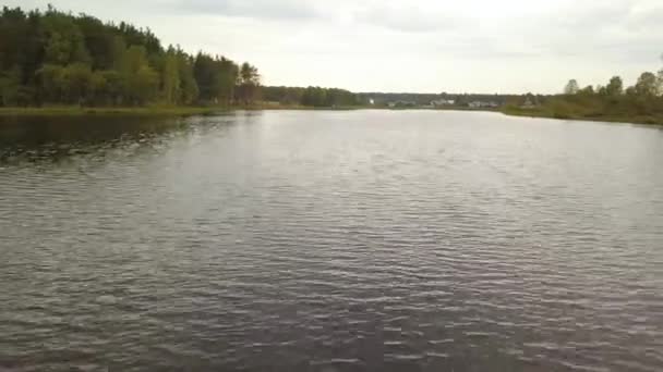 Bovenaanzicht van het meer op de achtergrond van bossen en dorp. Voorraadbeelden. Prachtige wateren van meer bereiken dorp aan horizon in de zomer — Stockvideo