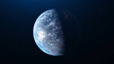 Karanlık uzayda Dünya 'nın soyutlanması ve arka planda birçok yıldızın olması. Animasyon. Gerçekçi dünya küresi güneşin altında yavaşça dönüyor..