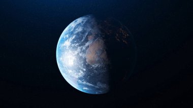 Soyut güzel gündoğumu dünya silueti uzaydan Dünya gezegeni. Animasyon. Gezegen Dünya 'nın parlak Güneş altında dış uzayda dönmesi, astronomi kavramı.