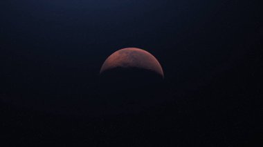 Derin uzay arka planında soyut gerçekçi güzel gezegen Mars. Animasyon. Mars üzerinde uçmak, gezegenin yüzeyini hareket ettiren ve gizleyen siyah gölge, astronomi kavramı..