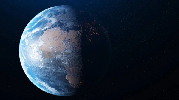 Streszczenie planety Ziemia na ciemnej przestrzeni z wieloma gwiazdami na tle. Animacja. Realistyczna kula ziemska wirująca powoli pod światłem słońca. — Zdjęcie stockowe
