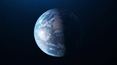 Karanlık uzayda Dünya 'nın soyutlanması ve arka planda birçok yıldızın olması. Animasyon. Gerçekçi dünya küresi güneşin altında yavaşça dönüyor..