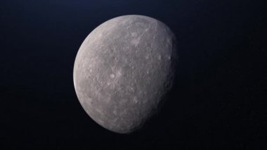 Dönen gerçekçi ay ile nefes kesen kozmos arka planı. Animasyon. Astronomik cisim, dolunay döngüsü, uzaydan görüş, yıldızlar arasında dönen gri küre..