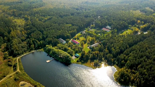 Old country resort in forest by lake. Stock footage. Top view of picturesque recreation center located by lake. Wonderful vacation in countryside in camp in sunny weather