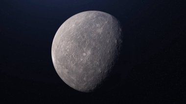 Dönen gerçekçi ay ile nefes kesen kozmos arka planı. Animasyon. Astronomik cisim, dolunay döngüsü, uzaydan görüş, yıldızlar arasında dönen gri küre..