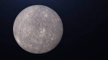 Dönen gerçekçi ay ile nefes kesen kozmos arka planı. Animasyon. Astronomik cisim, dolunay döngüsü, uzaydan görüş, yıldızlar arasında dönen gri küre..