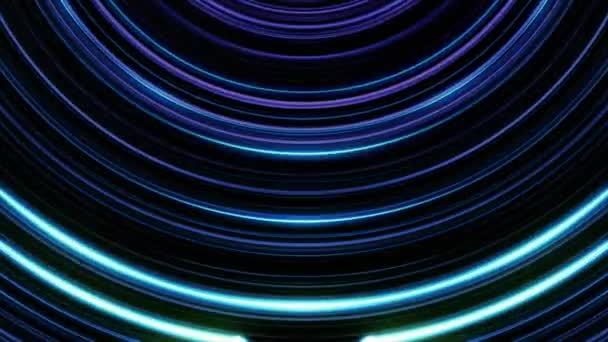 Neon colorful bended lines blinking on black background, seamless loop. Animation. Arc shaped narrow stripes of blue and lilac colors moving and shimmering. — ストック動画