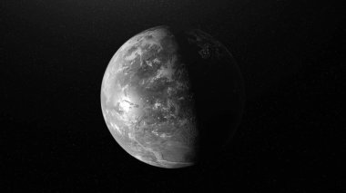 Soyut Ay yüzeyi, uzayda dönen gök cismi. Animasyon. Ayın astronomik arka planı, 3D gri küre güneş ışığıyla aydınlanıyor..