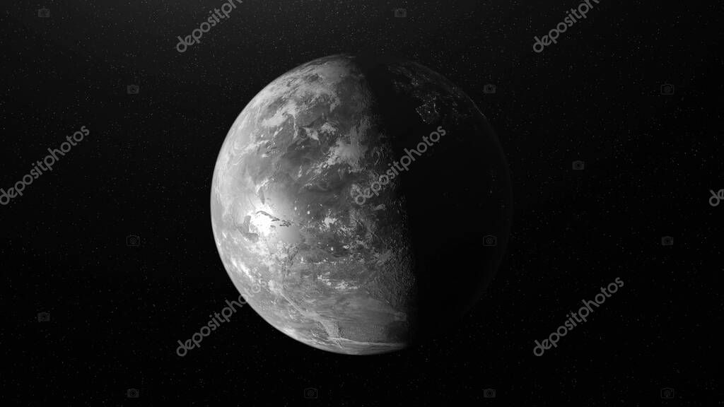 Abstract moon surface, rotating celestial body in outer space. Astronomical background of the moon, 3D grey sphere lit by the sunlight.