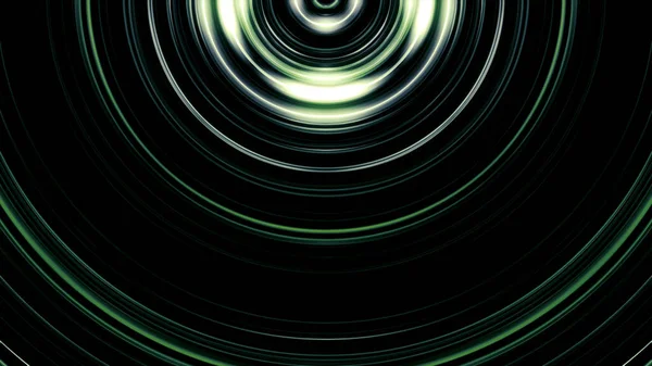 霓虹灯色彩艳丽的弯曲线条在黑色背景上闪烁,无缝回转. 动画。 弧形窄条纹绿色的移动和闪烁. — 图库照片
