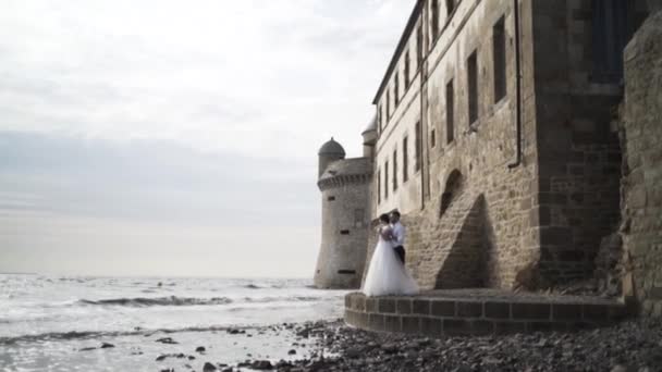 Felice coppia di nozze romantica in piedi sul mare vicino al vecchio castello, fotosessione all'aperto, amore e concetto di famiglia. Azione. Sposo e sposo sulla riva del mare il giorno del loro matrimonio . — Video Stock