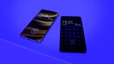 Biyometrik korumalı iki soyut modern akıllı telefon. Parmak izi taraması yapılacak ve kimlik tespiti yapılacak. Animasyon. Mavi arkaplanda iki siyah aygıt var.