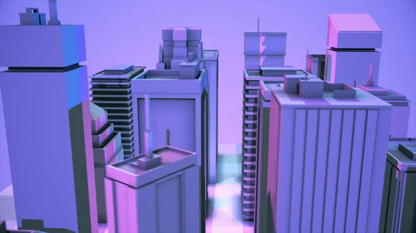 Abstraktes digitales 3D-Modell des Stadtviertels mit Häusern und Wolkenkratzern auf violettem Hintergrund. Animation. Konstruktions- und Gestaltungskonzept, Modell moderner Gebäude. — Stockfoto
