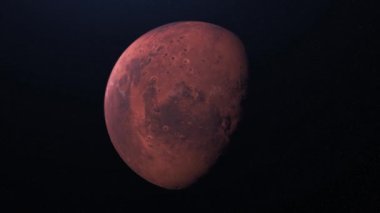 Kızıl Mars gezegeninin uzayda siyah arka planda dönen güzel soyutlaması. Animasyon. Kızıl Mars gezegeninde gece gündüz, ışık ve gölge, uzayda dönen renkli küre.
