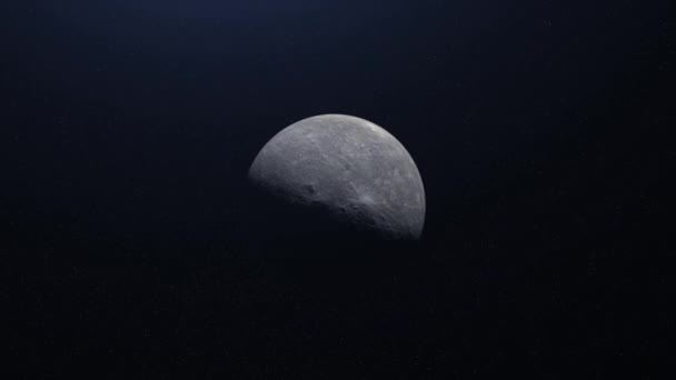 Gri ayın kendi ekseni etrafında tam devrim yaparak dış uzayda dönmesinin soyut animasyonu. Animasyon. Ayın astronomik arka planı, 3D gri küre güneş ışığıyla aydınlanıyor.. — Stok video