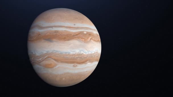 Abstrakcyjna animacja gazowej gigantycznej planety Jowisz obracającej się w przestrzeni z gwiazdami na tle. Animacja. Pełny obrót planety wokół jej osi. — Wideo stockowe