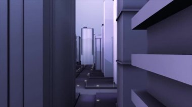 Binaların, sokakların, sokak lambalarının mor renkli modellerinin olduğu soyut dijital şehir. Animasyon. Şehrin 3D modeli, iş ve teknoloji konsepti üzerinden uçmak.