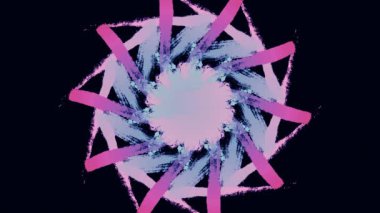 Soyut pembe ve mavi kaleydoskopik yuvarlak süslemeler. Siyah arkaplanda renkli fırça darbelerinden yapılmış. Animasyon. Pastel renklerin güzel dönen soyut çiçekleri.